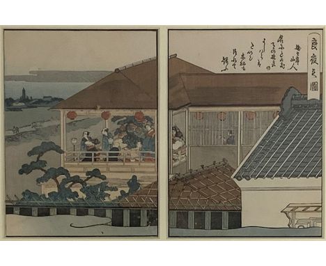 After Kitagawa Utamaro (Japanese 1753-1806): Dining on the Terrace, pair woodblock prints, framed as one 18cm x 13cm each