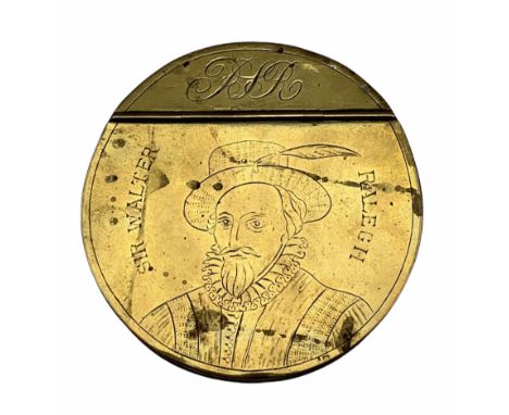 19th century circular brass tobacco box, the hinged cover engraved with initials and head and shoulders portrait of 'Sir Walt