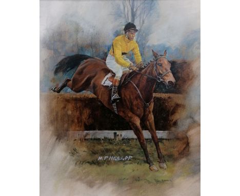 M P Heslop (British contemporary): 'Arkle Taking a Fence' oil on board signed 54cm x 45cm