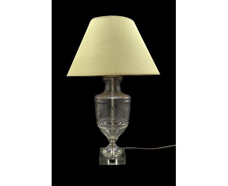 Glass baluster table lamp and shade with etched decoration on a perspex base H38cm excluding fitting 