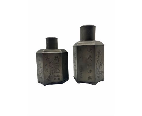 Early 20th century Chinese Swatow pewter tea caddy incised with birds, flowers and script marked 'Kut Hing' H19cm and another
