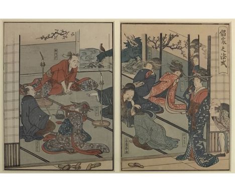 After Kitagawa Utamaro (Japanese 1753-1806): Teahouse Interior, pair woodblock prints, framed as one 18cm x 13cm each