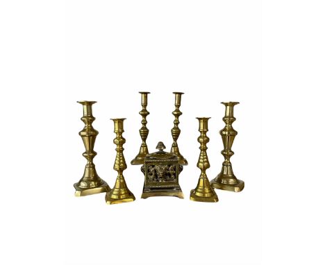 Pair of Victorian brass candlesticks H25cm, two further pairs of smaller Victorian brass candlesticks and a pierced brass ink