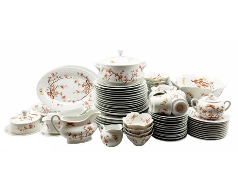 Extensive Chinese prunus decorated dinner service 'Overyjoy' comprising seven dinner plates, ten cups, twelve saucers, four g