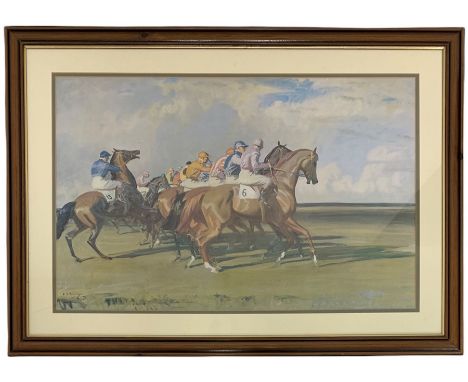After Sir Alfred Munnings (British 1878-1959): 'On the Way to Epsom' and 'After Starter's Orders', two framed colour prints m