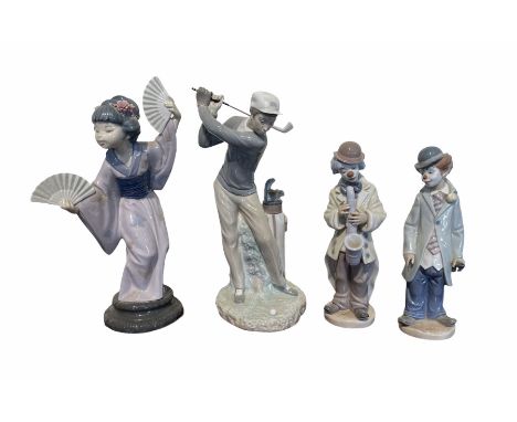 Lladro figure of a golfer No.4824, another of a Japanese girl and two Lladro clowns