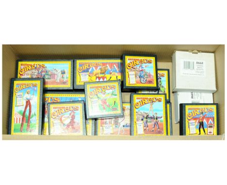 Britains Circus Figures. To include 08666 Ringmaster + Billboard, 8672 Lion Tamer &amp; Lion, 8670 Juggling Stilt Walker plus