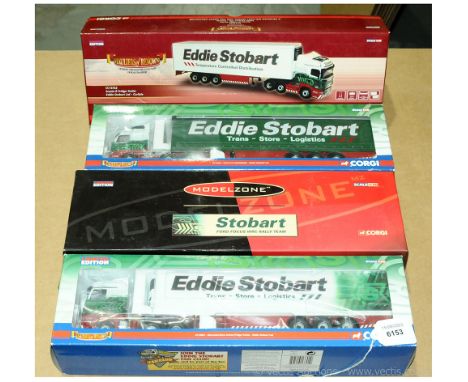 Corgi Eddie Stobart Group Of Four Trucks. CC13722 Scania R + Box Trailer, CC13801 Mercedes Benz Actros + Fridge Trailer, CC13