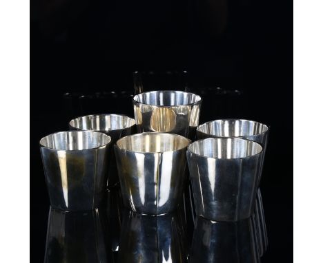 SIGUARD BERNADOTTE for Gense, a set of five silver plated vodka beakers, and one other larger beaker makers labels and stamp 