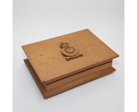 Light oak rectangular table top cigarette box with applied armorial Maintenance Unit 54 Royal Airforce 