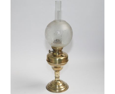 Small brass oil lamp with etched glass bowl shade, appx 16" tall 