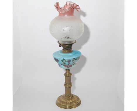 Victorian corinthium column brass oil lamp with blue floral bowl and pink glass shade 