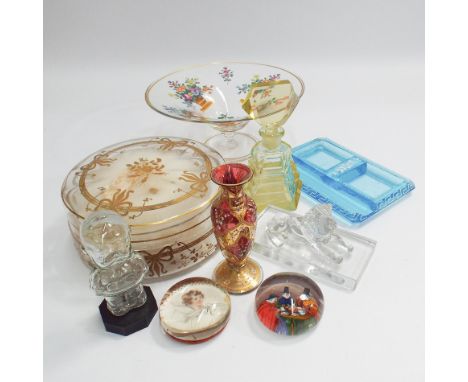 Collection of glassware including powder bowl with gilt decoration, art deco scent bottle (13cm high), dog paperweight etc. 