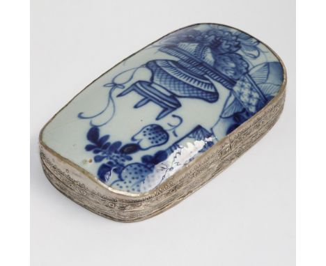 Chinese blue and white porcelain and silver plated trinket box, 22cm wide   Condition - Firing cracks to the lid 