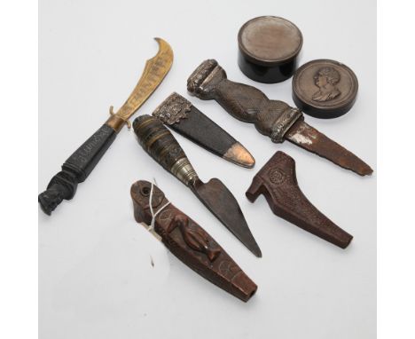 Small collection of old Middle Eastern knives, 2 carved treen opium pipes modelled as shoes and a snuff box