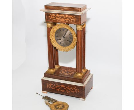 French empire inlaid rosewood and gilt decorated pillar mantel clock with striking movement 