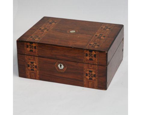 Victorian mahogany Tunbridge Ware style inlaid trinket box with mother of pearl panel and key hole escutcheon 12" x 9"