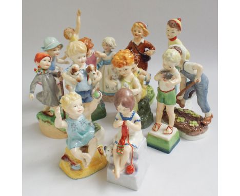 Collection of 14 Royal Worcester fine bone china figures depicting children, some with animals, including Monday's child is f