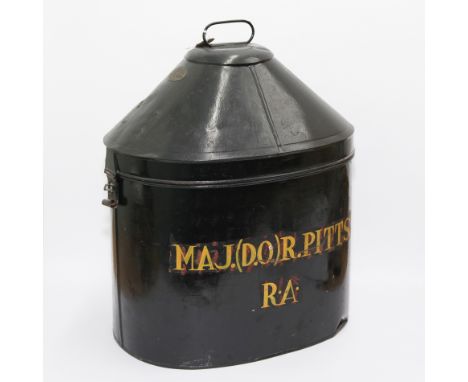 Large oval black painted metal military helmet box with applied label Welsh and Jefferies Ltd London, the hinged lid opening 