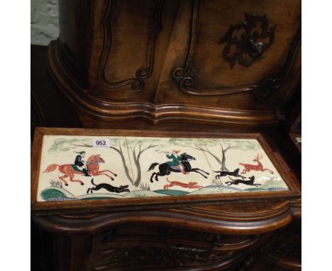 3 framed Pilkington tiles with hunting scenes 