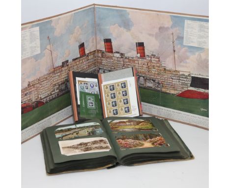 Edwardian postcard album and a coloured print depicting sectional plan of the Queen Mary and a small stamp album of foreign s