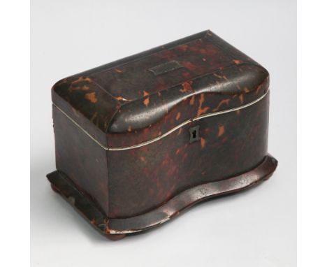 Georgian tortoiseshell and ivory tea caddy with shaped front with silver inlays to the top and sides, raised of four bun feet