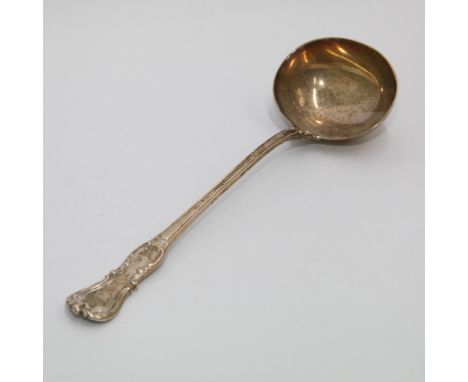 Large Victorian silver ladle with leaf patterned handle, hallmarked London 1857 and stamped JSH for John Samuel Hunt, 11oz