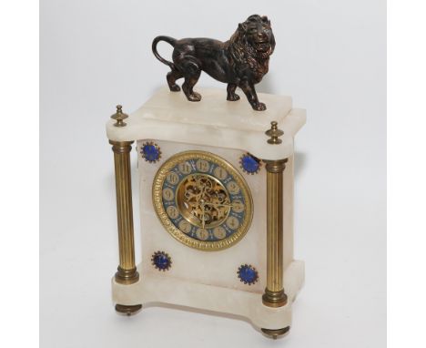 French mantel clock in white onyx and gilt pillar case with lion mount - 13.5" high overall 
