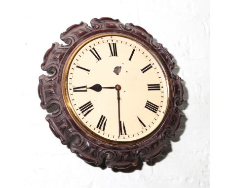 Victorian circular wall clock with cream dial in carved surround with a single fusee movement, 12" dial, 17" overall 