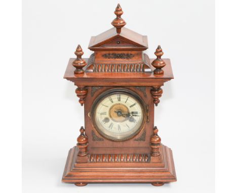 Edwardian walnut mantel clock in architectual style case appx 17" tall   Condition - case is ok, some paint loss to dial 