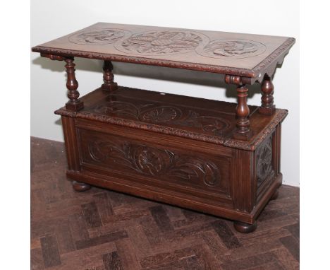 Late Victorian carved oak monks bench 42" wide x 20" deep x 31" high