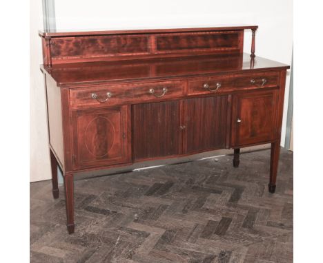 5' Edwardian inlaid mahogany sideboard fitted drawers and cupboards with centre Tambor fronted doors and small shelf backj 