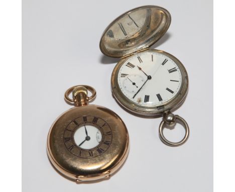 Gold plated half hunter pocket watch and a silver plated hunter pocket watch   Condition - silver plated example has a crack 