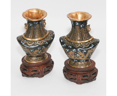 Pair of early 20th century Chinese porcelain vases with black  and pale blue enamel decoration  with gilded interiors- dragon