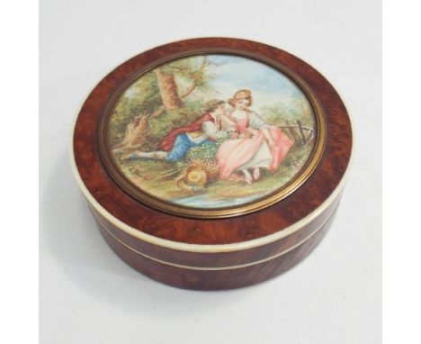 19th century birds eye maple circular trinket box inset painted ivory portrait panel depicting - young French lovers signed d