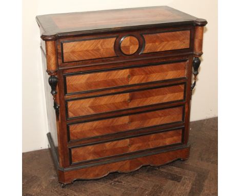 Late 19th century French parquetary and ebonised wash stand commode chest, the weighted sliding top compartment opening to re