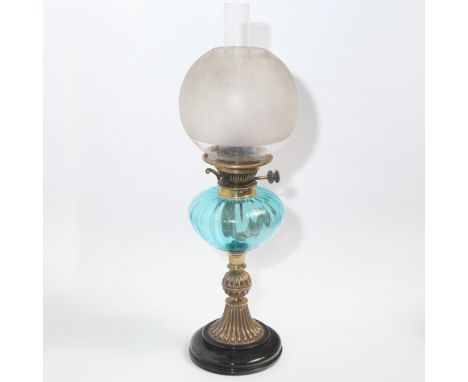 Victorian brass column oil lamp with blue oil bowl and ball shaped shade - 24" tall 
