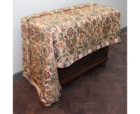 Tapestry altar cloth, gold coloured ground ornately decorated with scrolling flowers, leaves and birds appx 180cm wide 