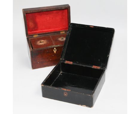 2 division mahogany tea caddy and a black and gilt lacquered box 