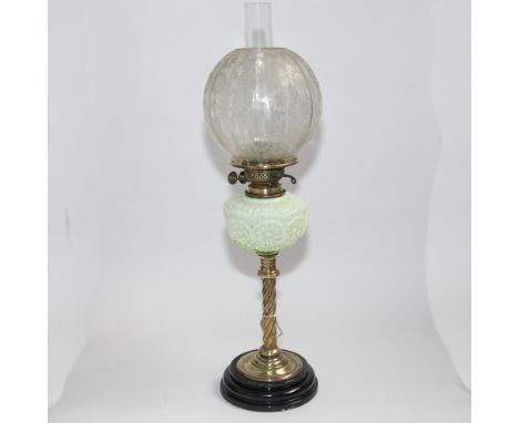 Late Victorian brass and vaseline glass oil lamp with etched glass bowl shade, appx 24" tall 