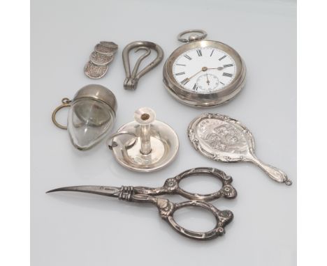 Collection to include miniature silver chamber stick, miniature hand mirror, continental silver pocket watch, and other colle