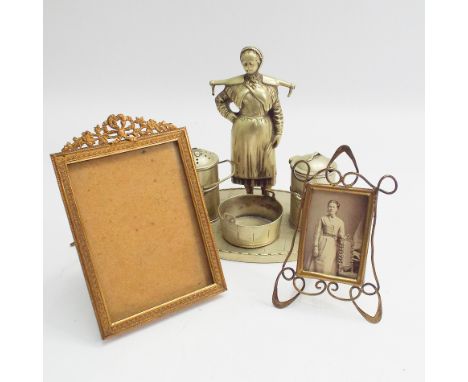 Small brass art nouveau photograph frame 12cm high, a gilt metal ditto with ribbon tie top and a plated milk maid cruet stand