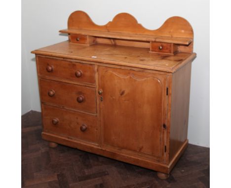 47" stripped and waxed pine sideboard with small shelf back fitted 3 drawers and cupboards under 