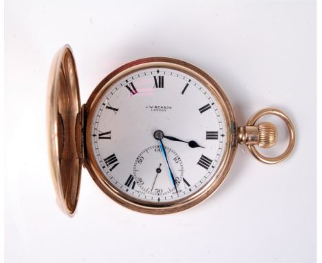 A 9ct full hunter pocket watch by J W Benson, the white dial with baton numerals and hands, subsidiary seconds, movement stam