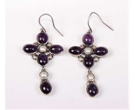 A pair of amethyst and pearl earrings, the oval amethyst cabochons in rubover mounts set in a quatrefoil formation with a sim