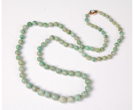 A jade and opal bead necklace, the graduated round jade beads between 9.2-5mm diameter, with an opal cabochon and yellow prec