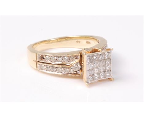 A diamond ring, the central raised calibre set square diamond panel, set to each side with a single round brilliant cut diamo