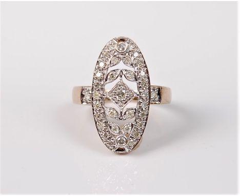 A 9ct belle epoque style diamond ring, the oval pierced plaque set with small round brilliant cut diamonds, a small round dia