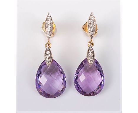 A pair of amethyst and diamond earrings, the pear shaped amethyst briolette drops set with navette shaped caps set with small