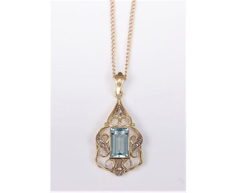 An early 20th century style aquamarine and diamond pendant necklace, the step cut aquamarine, approx. 11.3 x 6.8mm, in a mill